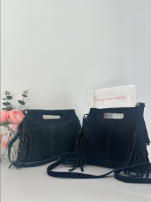 Sac bandoulière à franges en cuir veritable daim